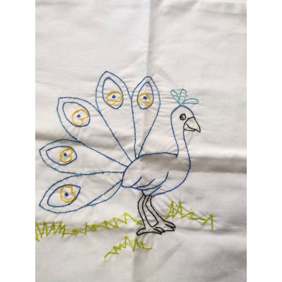 Handmade Embroidered Peacock Pillow Cover Cotton 16 x 16 Square Blue Polka Dot - Picture 1 of 5